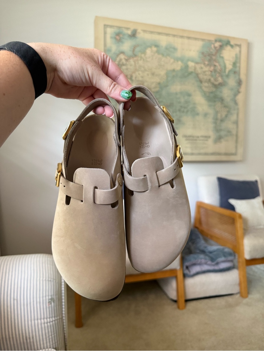 Birkenstock Taupe Slingback Clogs with Gold Buckles